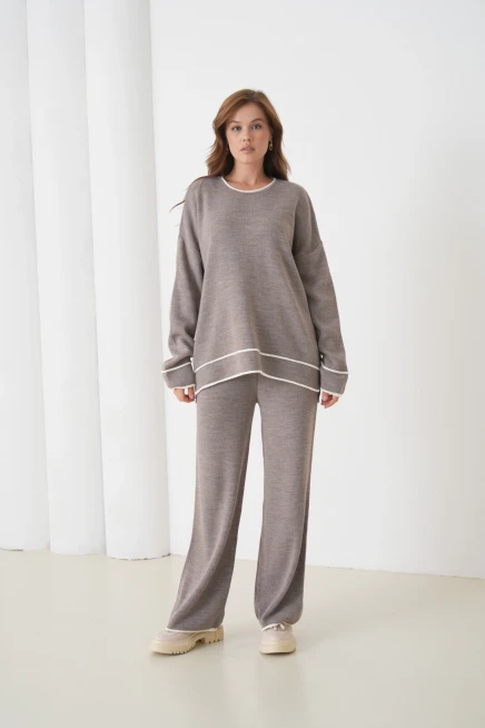 Kadın Bisiklet Yaka Oversize Kazak Pantolon Triko Alt-Üst Takım