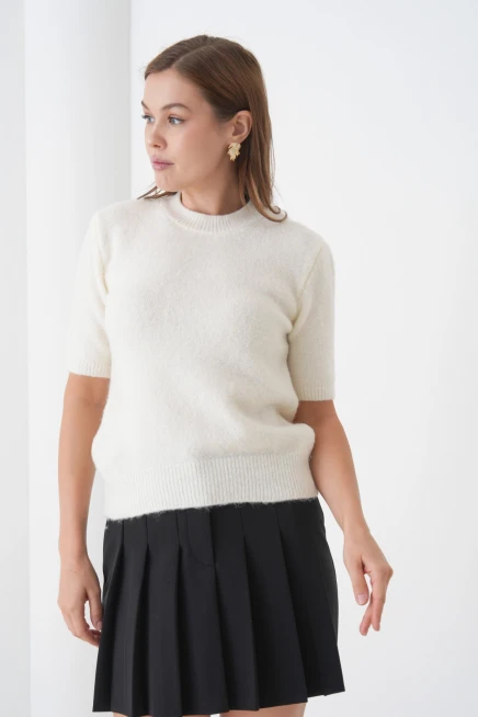 Kadın Bisiklet Yaka Şardonlu Kısa Kol Triko Kazak