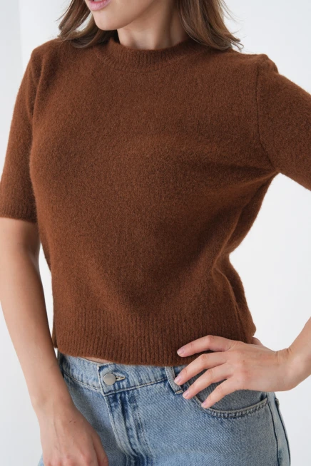 Kadın Bisiklet Yaka Şardonlu Kısa Kol Triko Kazak