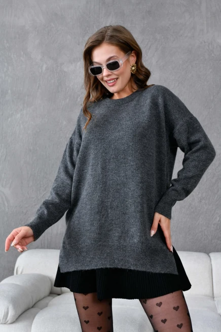 Kadın Bisiklet Yaka Yırtmaçlı Oversize Triko Kazak