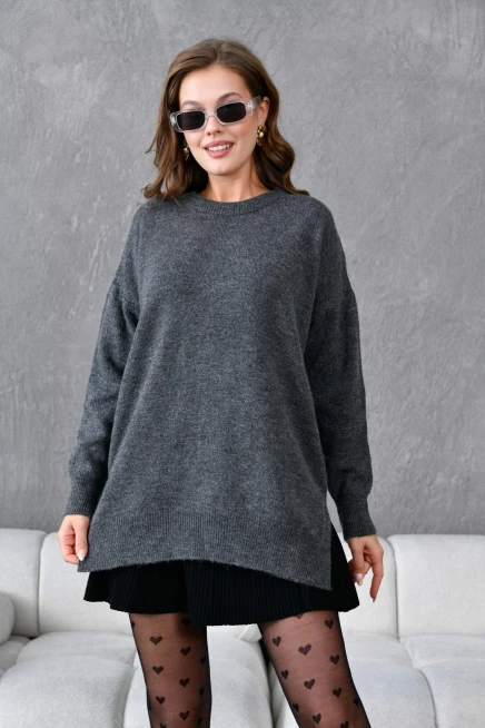 Kadın Bisiklet Yaka Yırtmaçlı Oversize Triko Kazak