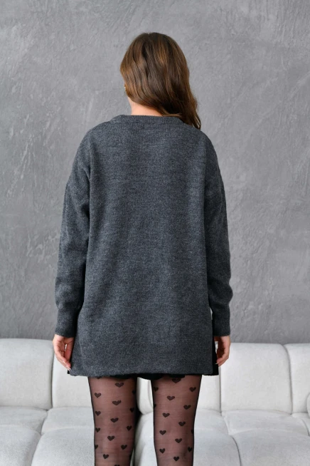 Kadın Bisiklet Yaka Yırtmaçlı Oversize Triko Kazak