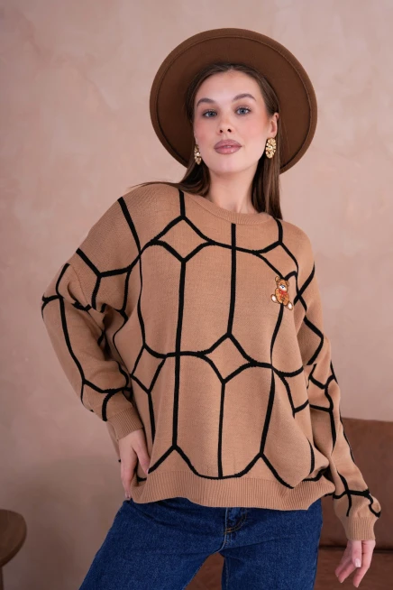 Kadın Camel Dik Yaka Örgü Detay Nakışlı Oversize Triko Kazak