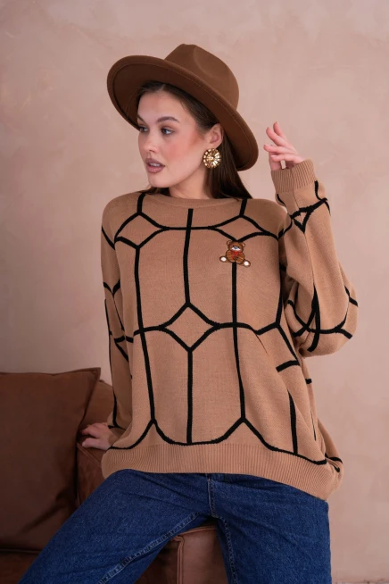 Kadın Camel Dik Yaka Örgü Detay Nakışlı Oversize Triko Kazak