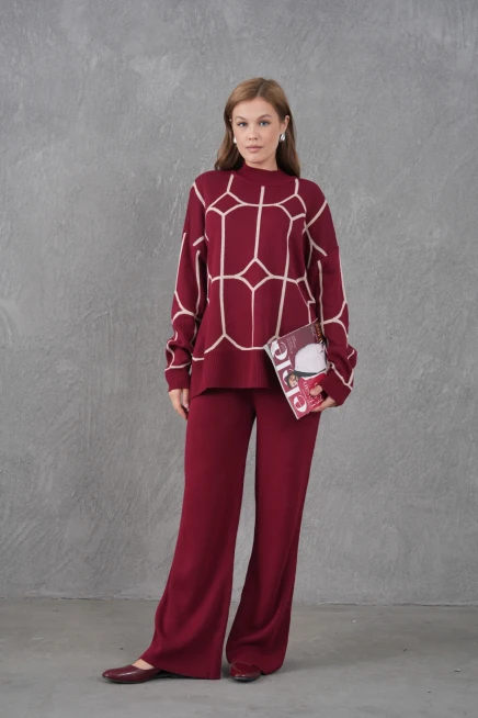 Kadın Dik Yaka Desenli Oversize Kazak Pantolon Triko Alt-Üst Takım