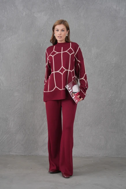 Kadın Dik Yaka Desenli Oversize Kazak Pantolon Triko Alt-Üst Takım