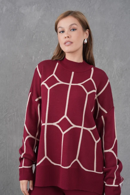 Kadın Dik Yaka Desenli Oversize Kazak Pantolon Triko Alt-Üst Takım