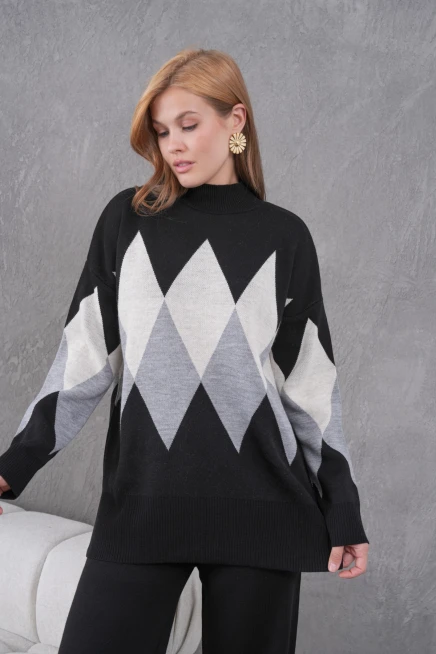 Kadın Dik Yaka Desenli Yırtmaçlı Kazak Pantolon İkil Triko Takım