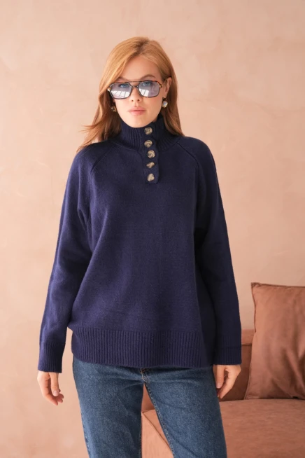 Kadın Dik Yaka Düğme Detay Oversize Triko Kazak