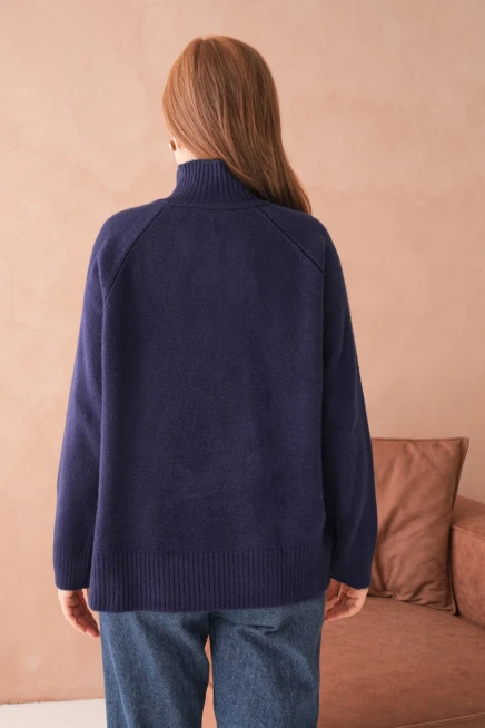 Kadın Dik Yaka Düğme Detay Oversize Triko Kazak