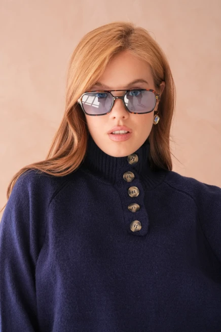 Kadın Dik Yaka Düğme Detay Oversize Triko Kazak