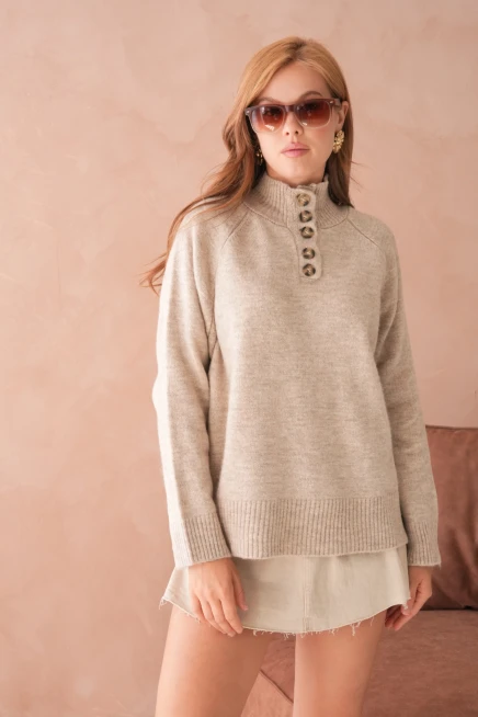 Kadın Dik Yaka Düğme Detay Oversize Triko Kazak