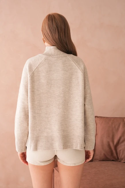 Kadın Dik Yaka Düğme Detay Oversize Triko Kazak