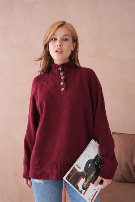 Kadın Dik Yaka Düğme Detay Oversize Triko Kazak