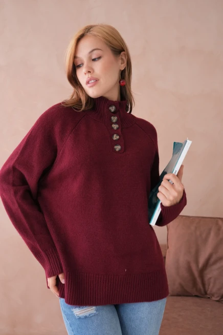 Kadın Dik Yaka Düğme Detay Oversize Triko Kazak