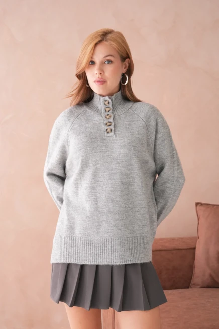 Kadın Dik Yaka Düğme Detay Oversize Triko Kazak