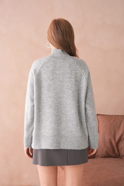 Kadın Dik Yaka Düğme Detay Oversize Triko Kazak