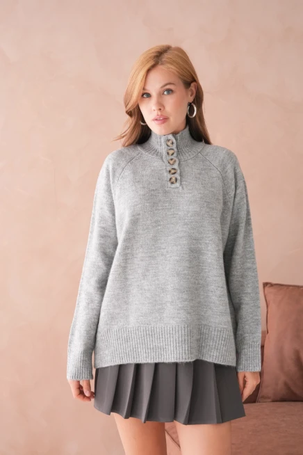 Kadın Dik Yaka Düğme Detay Oversize Triko Kazak