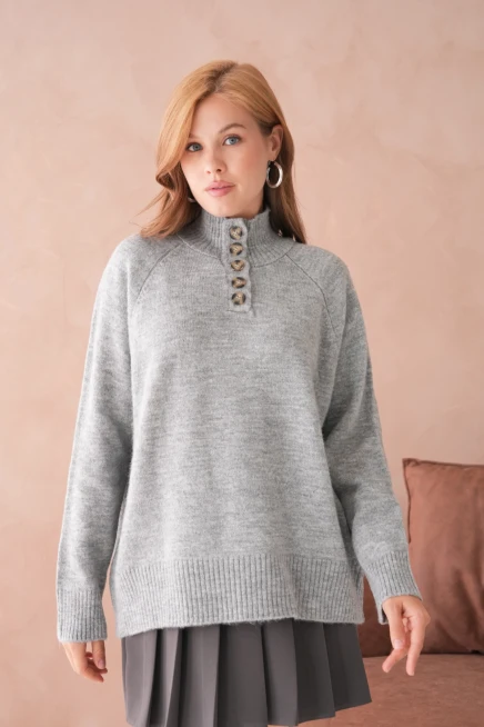 Kadın Dik Yaka Düğme Detay Oversize Triko Kazak