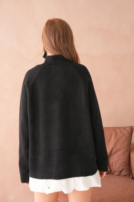 Kadın Dik Yaka Düğme Detay Oversize Triko Kazak