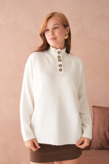 Kadın Dik Yaka Düğme Detay Oversize Triko Kazak