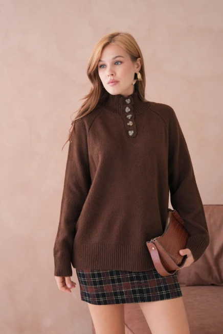 Kadın Dik Yaka Düğme Detay Oversize Triko Kazak