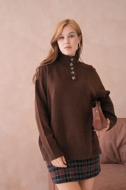 Kadın Dik Yaka Düğme Detay Oversize Triko Kazak