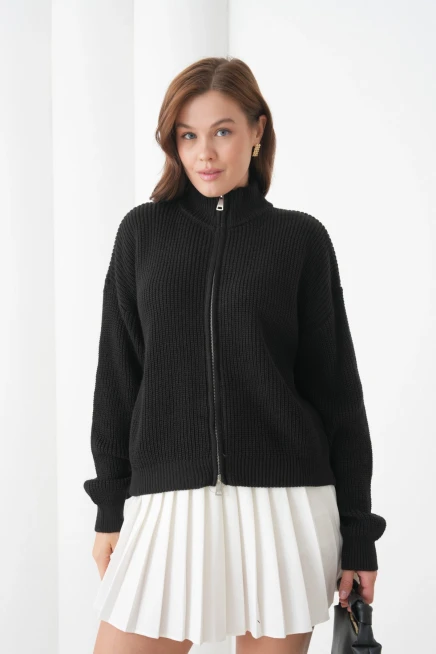 Kadın Dik Yaka Fermuar Kapama Oversize Triko Hırka 