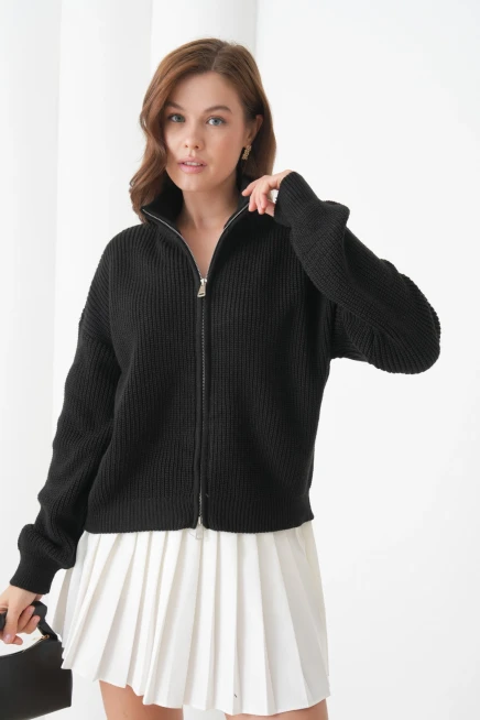 Kadın Dik Yaka Fermuar Kapama Oversize Triko Hırka 