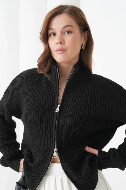 Kadın Dik Yaka Fermuar Kapama Oversize Triko Hırka 