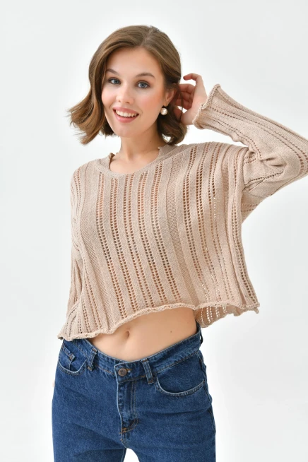 Kadın Dik Yaka Örgü Detaylı Crop Triko Kazak