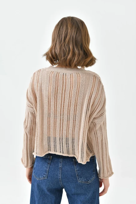 Kadın Dik Yaka Örgü Detaylı Crop Triko Kazak