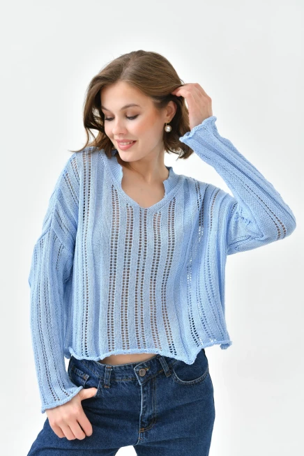 Kadın Dik Yaka Örgü Detaylı Crop Triko Kazak