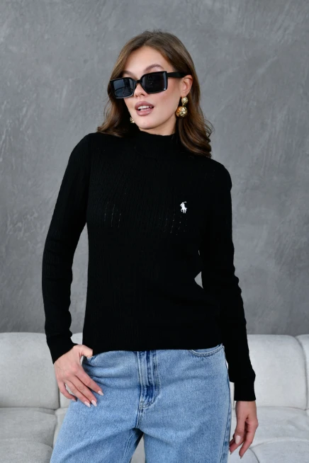 Kadın Dik Yaka Saç Örgü Nakış Detaylı Triko Kazak