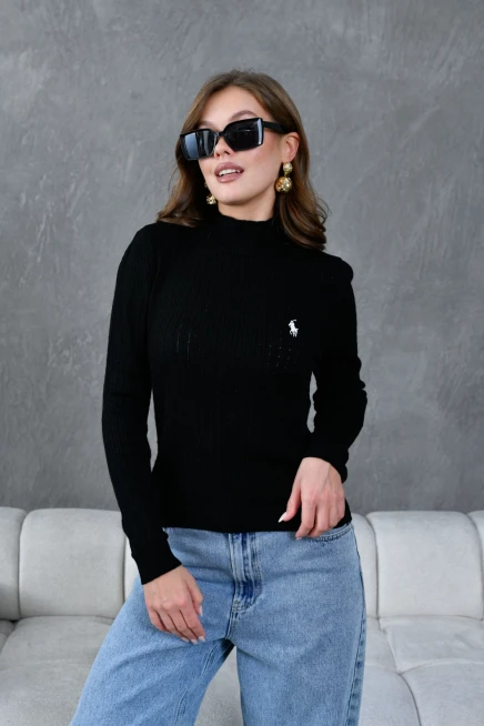 Kadın Dik Yaka Saç Örgü Nakış Detaylı Triko Kazak
