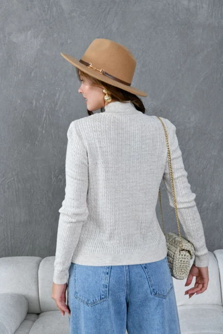 Kadın Dik Yaka Saç Örgü Nakış Detaylı Triko Kazak