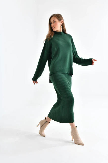 Kadın Dik Yaka Salaş Kazak Uzun Etekli İkili Triko Takım