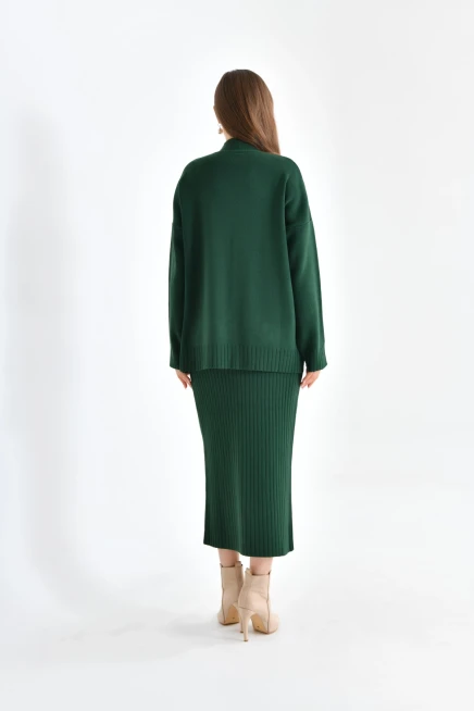 Kadın Dik Yaka Salaş Kazak Uzun Etekli İkili Triko Takım