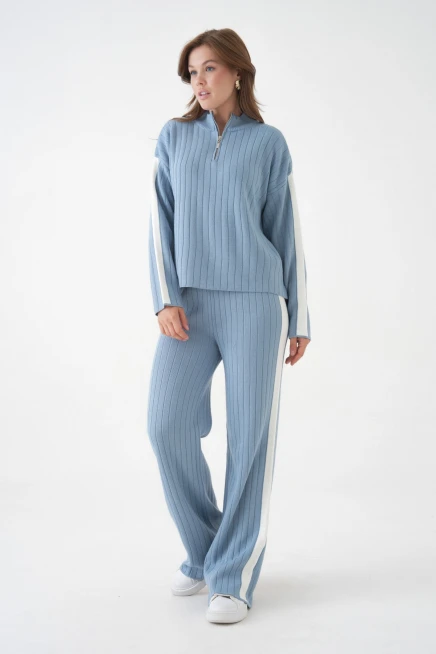 Kadın Dik Yaka Yarım Pat Fermuar Örgü Detay Kazak Pantolon İkili Triko Takım