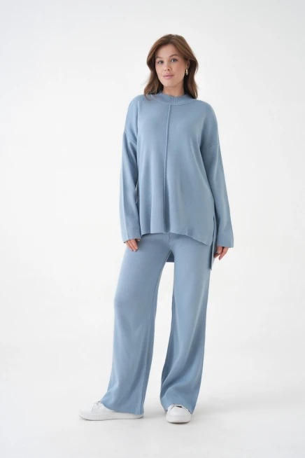 kadın dik yaka yırtmaçlı kazak pantolon triko alt-üst takım 