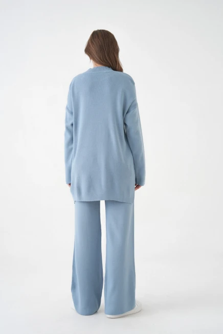 kadın dik yaka yırtmaçlı kazak pantolon triko alt-üst takım 