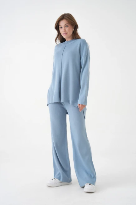 kadın dik yaka yırtmaçlı kazak pantolon triko alt-üst takım 