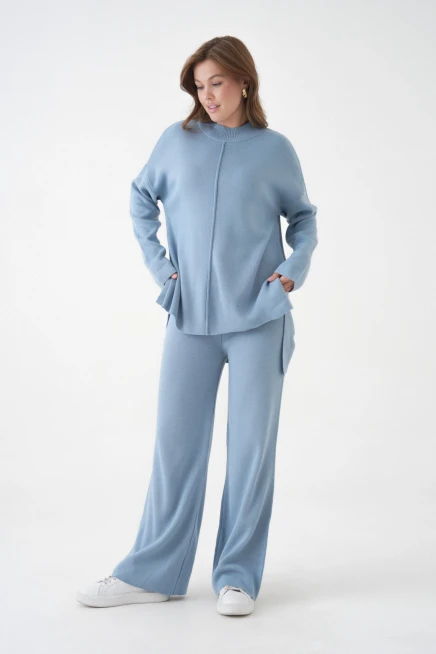 kadın dik yaka yırtmaçlı kazak pantolon triko alt-üst takım 