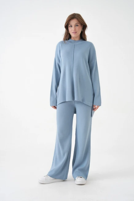 kadın dik yaka yırtmaçlı kazak pantolon triko alt-üst takım 