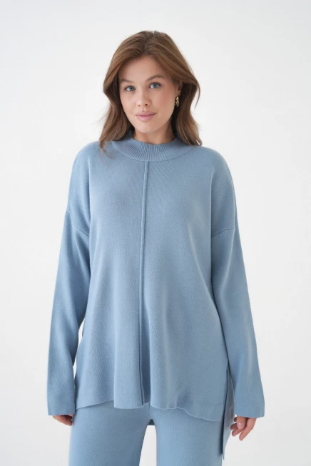 kadın dik yaka yırtmaçlı kazak pantolon triko alt-üst takım 