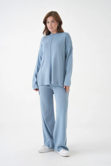 kadın dik yaka yırtmaçlı kazak pantolon triko alt-üst takım 