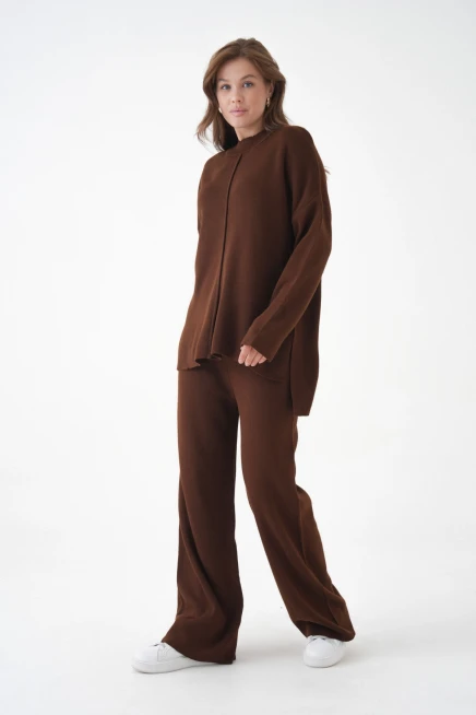 kadın dik yaka yırtmaçlı kazak pantolon triko alt-üst takım 