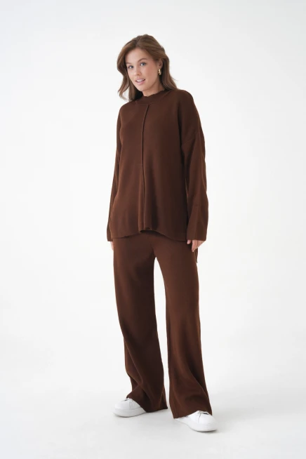 kadın dik yaka yırtmaçlı kazak pantolon triko alt-üst takım 