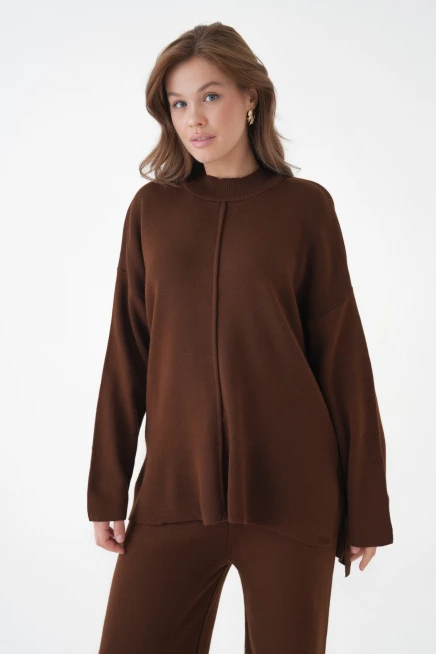 kadın dik yaka yırtmaçlı kazak pantolon triko alt-üst takım 