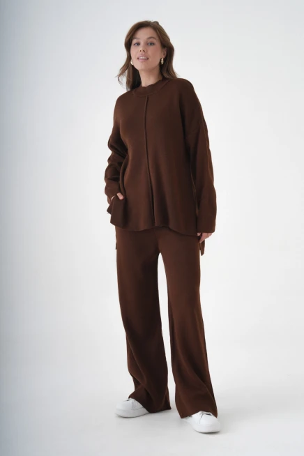 kadın dik yaka yırtmaçlı kazak pantolon triko alt-üst takım 